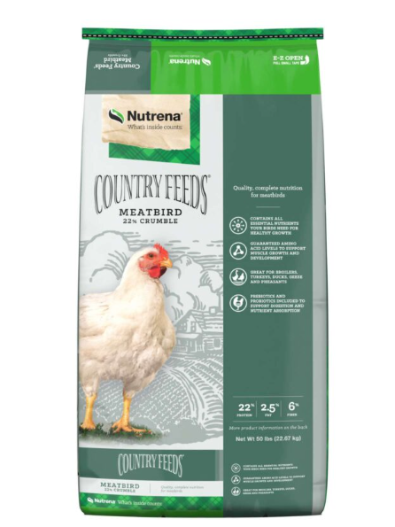 Nutrena Country Feeds Meatbird crumble feed bag with a chicken illustration on a white background