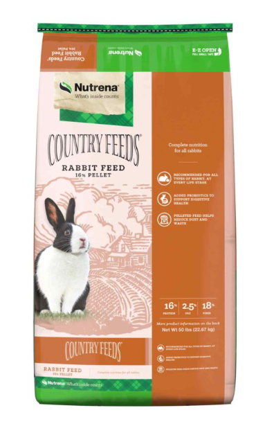 Nutrena Country Feeds Rabbit Feed bag with a rabbit illustration on an orange background