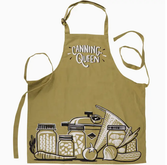 Olive green apron featuring a canning themed design with vegetables and the phrase "canning queen", on a white background.