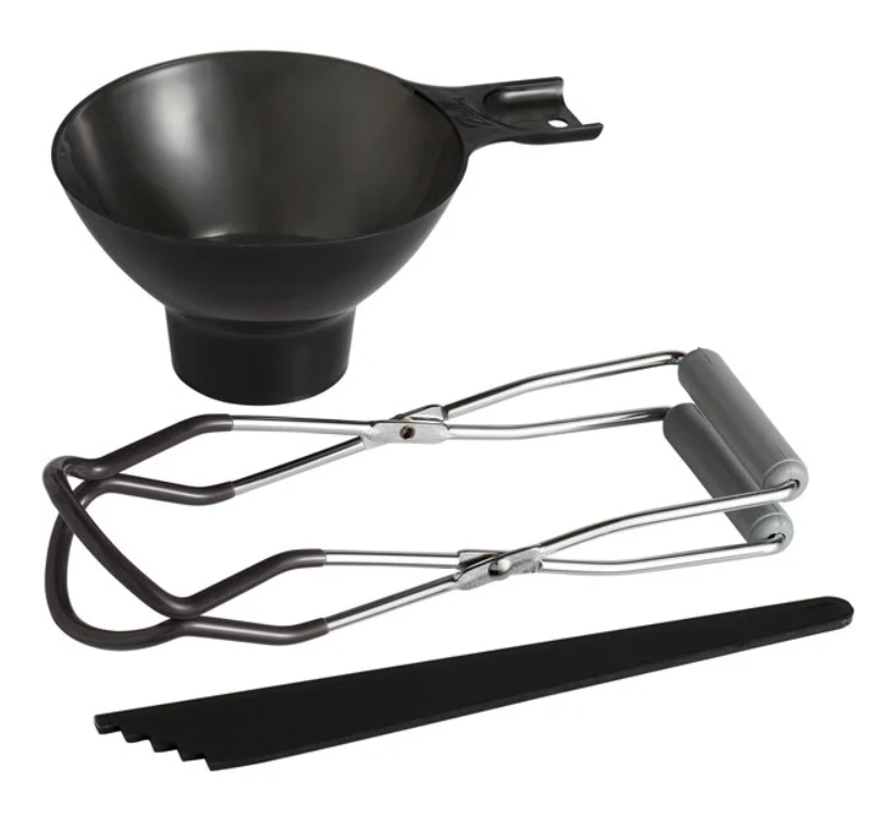 Three canning utensils on a white background.