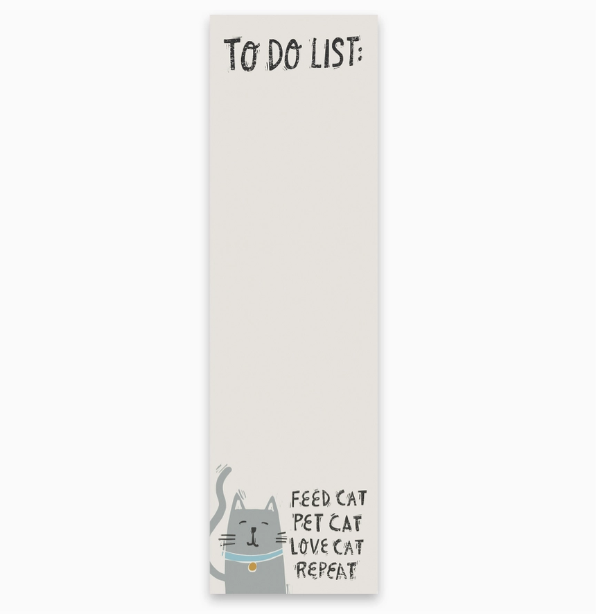 Notepad with a cat illustration and humorous text on a white background