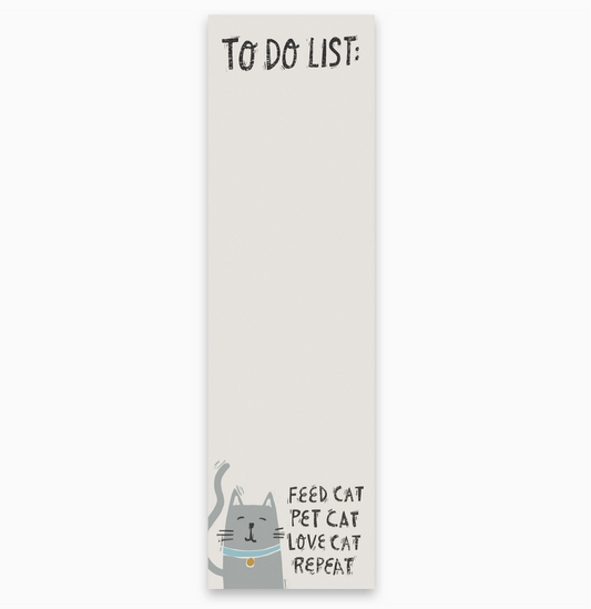 Notepad with a cat illustration and humorous text on a white background