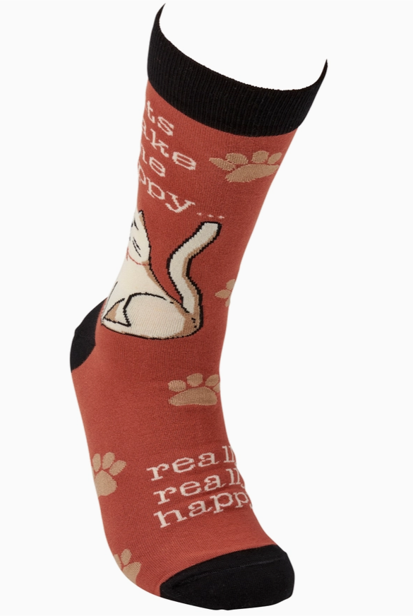 Sock with a cat design and text on a white background