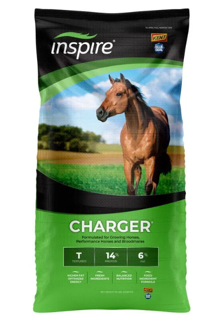 Bag of Inspire Charger horse feed with a horse on the label