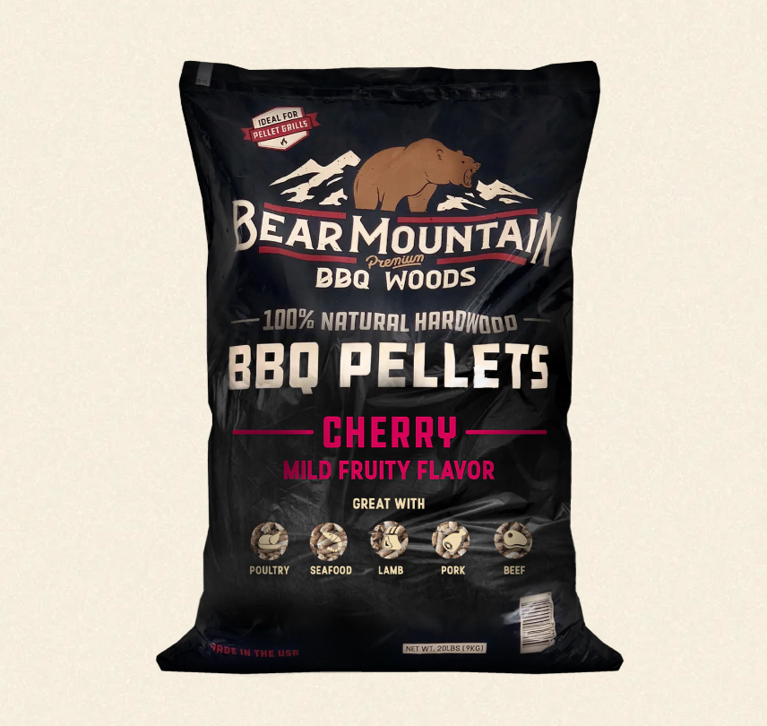 Bag of Bear Mountain BBQ Woods Cherry BBQ Pellets on a beige background