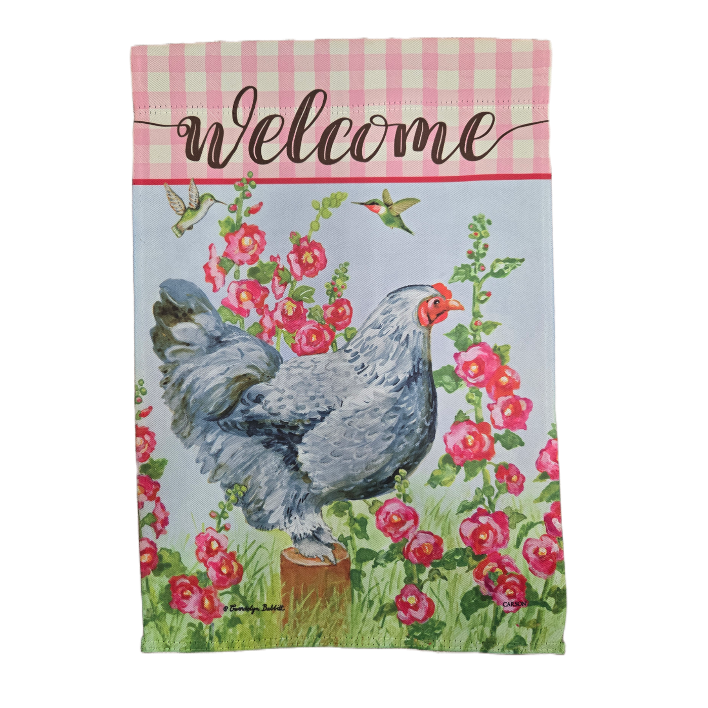 Decorative garden flag with a chicken, flowers, and 'Welcome' text on a checkered border.
