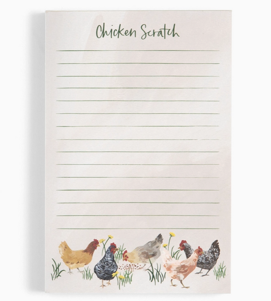 A vertical notepad with the words 'Chicken Scratch' at the top, lined writing area in the center, and a watercolor illustration of several chickens along the bottom edge.