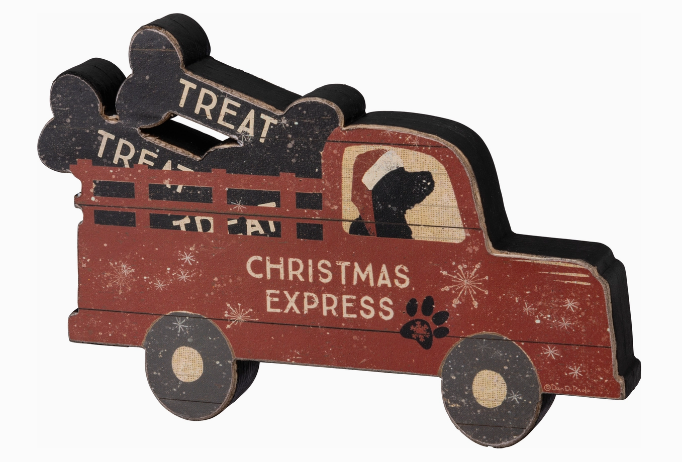 Wooden Christmas truck with 'Christmas Express' text and dog silhouette on a white background