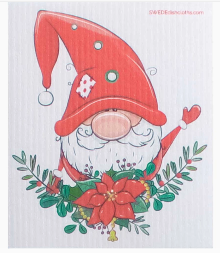 Christmas-themed gnome with red hat and poinsettia, featuring 'Sweedlandcrafts' branding.