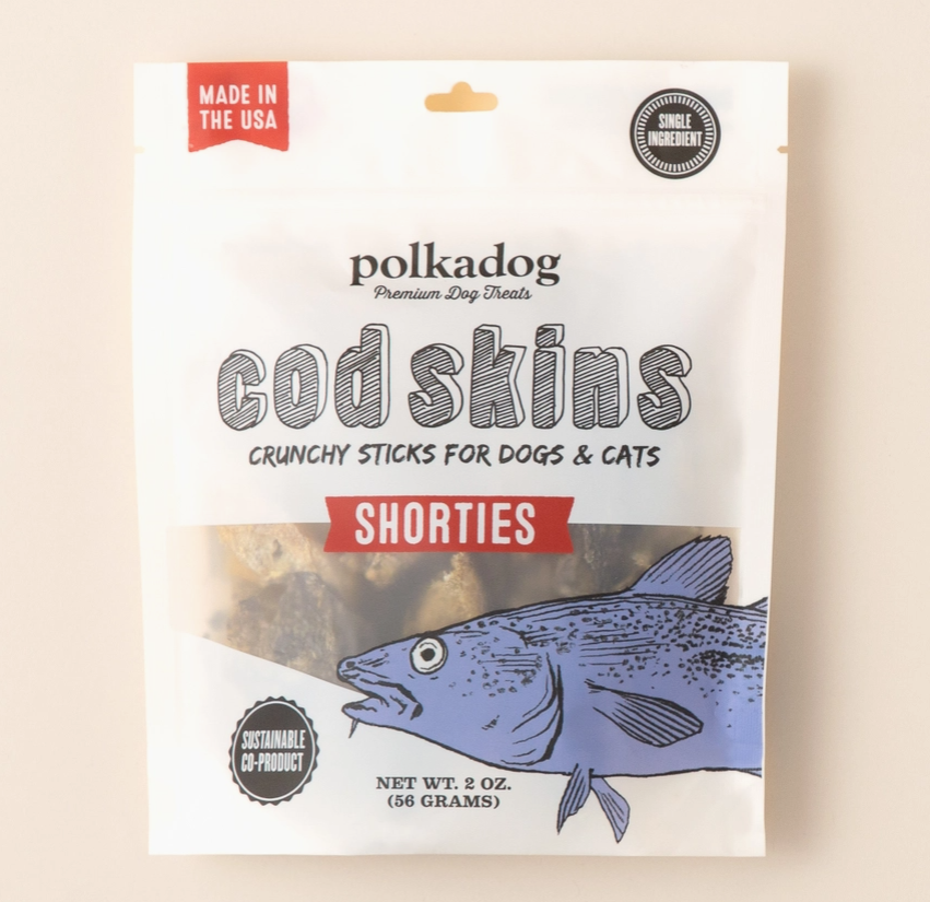 Polkadog brand cod skins crunchy sticks packaging on a beige background