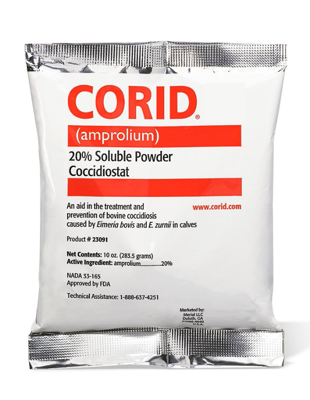 Packet of Corid amprolium 20% soluble powder on a white background.