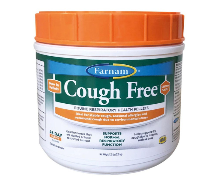 Farnam Cough Free equine respiratory health pellets container on a white background