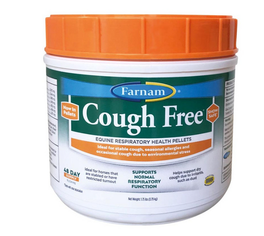 Farnam Cough Free equine respiratory health pellets container on a white background