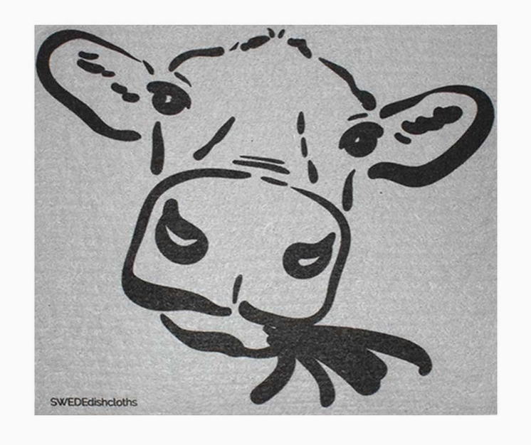 Cow face design on a gray background with 'SWEDEdishcloths' branding.