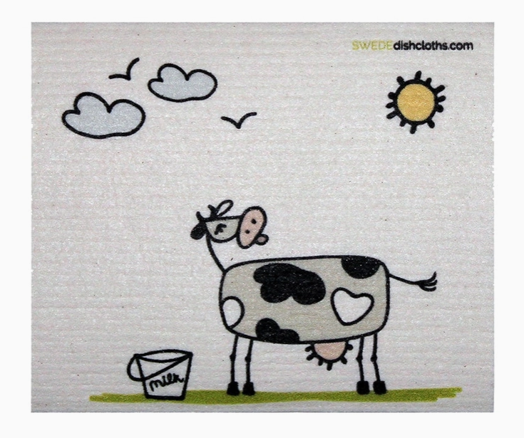 Swedish dishcloth with cow illustration and text