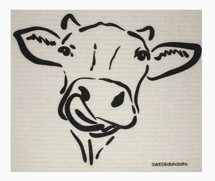 Cow face design on a Swedish dishcloth with 'SWEDEdishcloths' branding.
