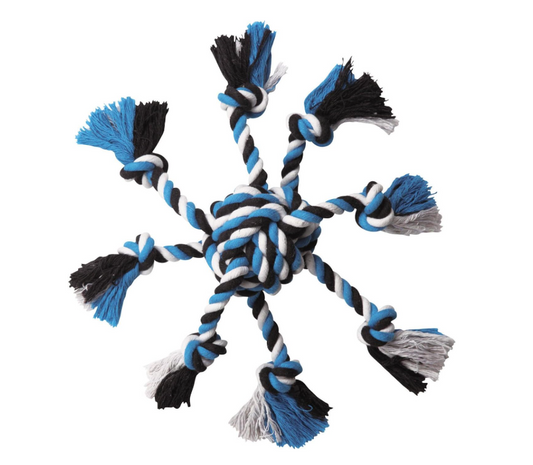 Dog toy with braided ropes and tassels on a white background