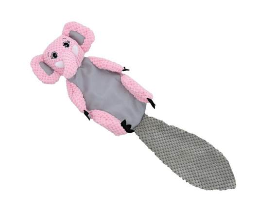 Pink, flat elephant dog toy on a white background.