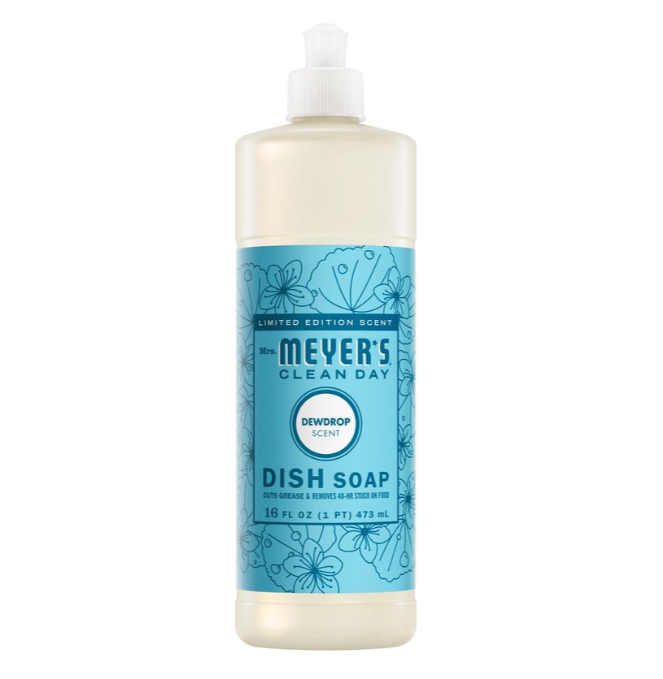 Meyer's Clean Day dish soap bottle with blue label on a white background
