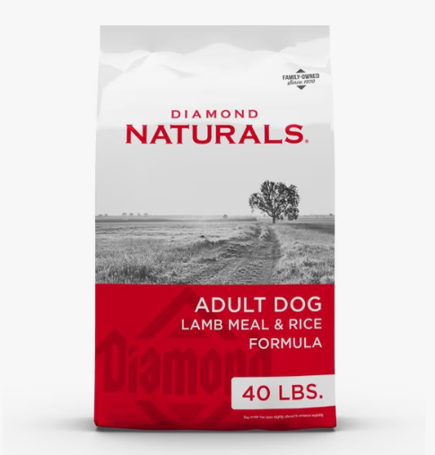 Diamond Naturals adult dog food package with a black and white landscape on the label.