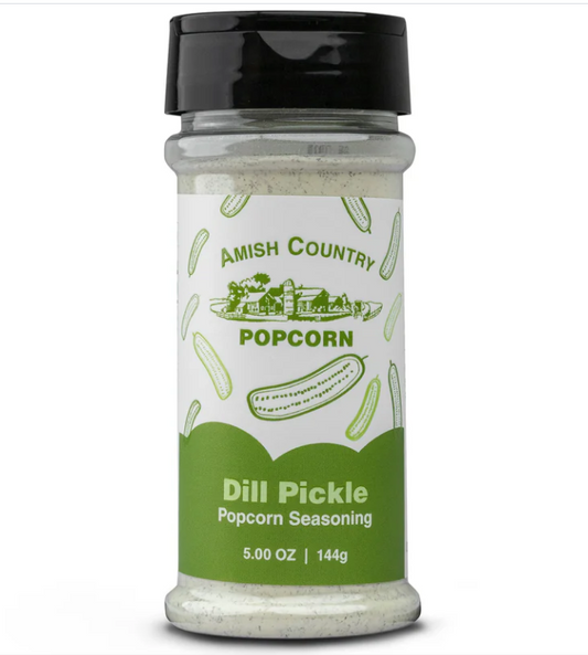 Amish Country Popcorn Dill Pickle popcorn seasoning container on a white background