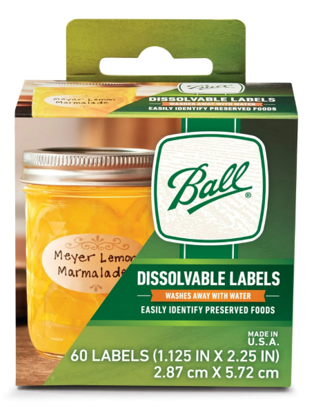 Box of Ball dissolvable canning jar labels on a white background.