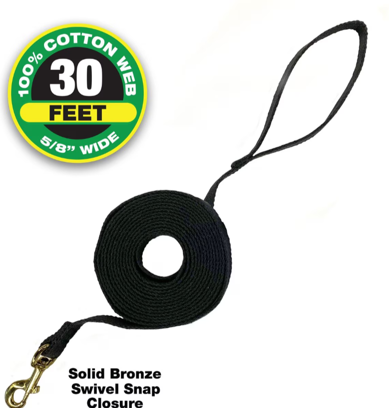 Black cotton webbing with a solid bronze swivel snap closure, labeled as 30 feet long.