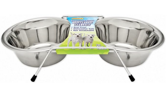 Stainless steel double dog bowl set with packaging on a white background
