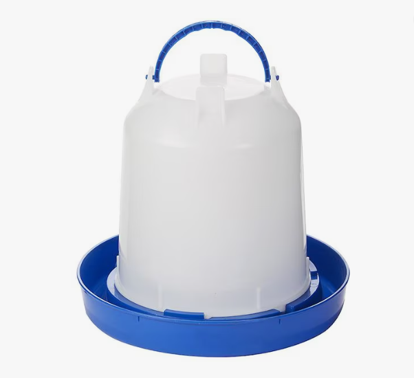 White plastic poultry drinker with blue base and handle on a white background