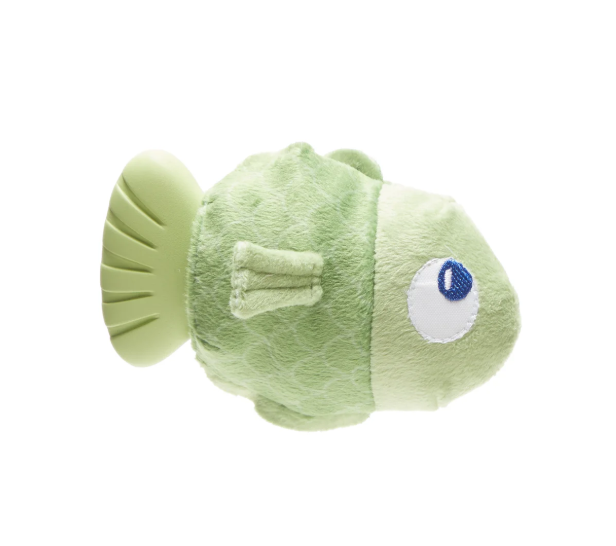 Green plush fish toy on a white background