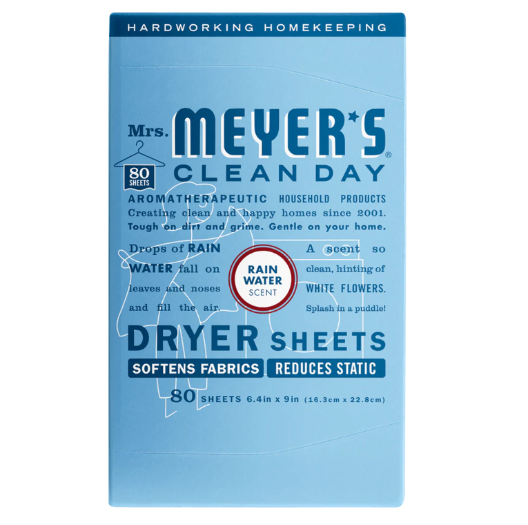 Mrs. Meyer's Clean Day dryer sheets packaging on a white background