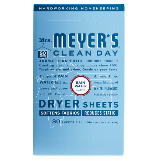 Mrs. Meyer's Clean Day dryer sheets packaging on a white background