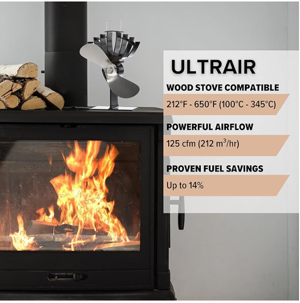 Wood stove with Ultrair stove fan and text highlighting features