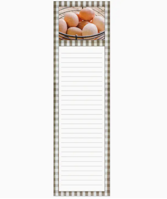 Lined listpad with a picture of eggs at the top, on a white background.