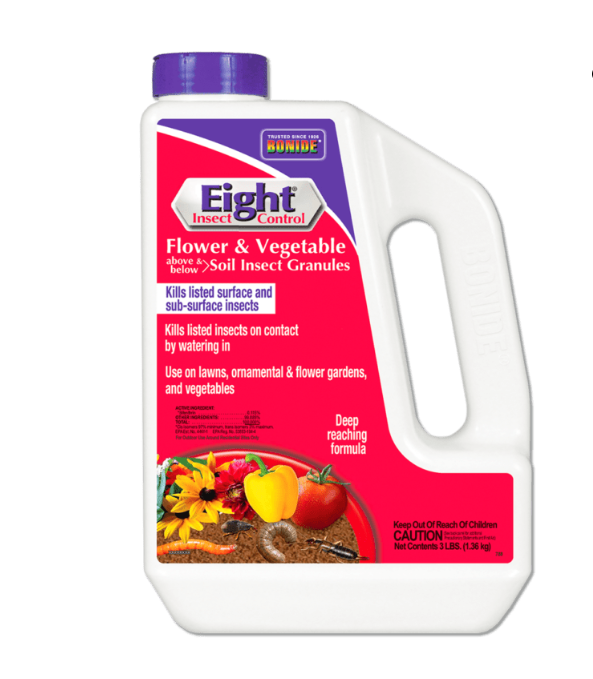 Bonide Eight Insect Control flower and vegetable granules container on a white background