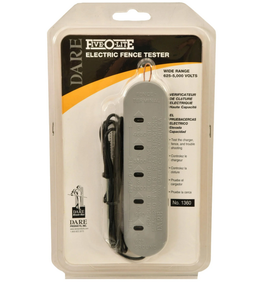 Five-O-Lite Electric Fence Tester in packaging on a white background.