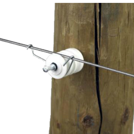 Fence insulator on a wooden post with a white background