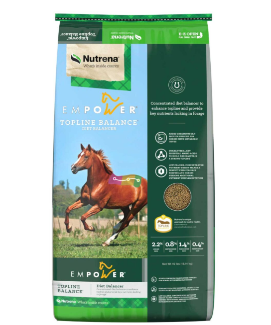 Nutrena Empower Topline Balance diet balance for horses on a green background