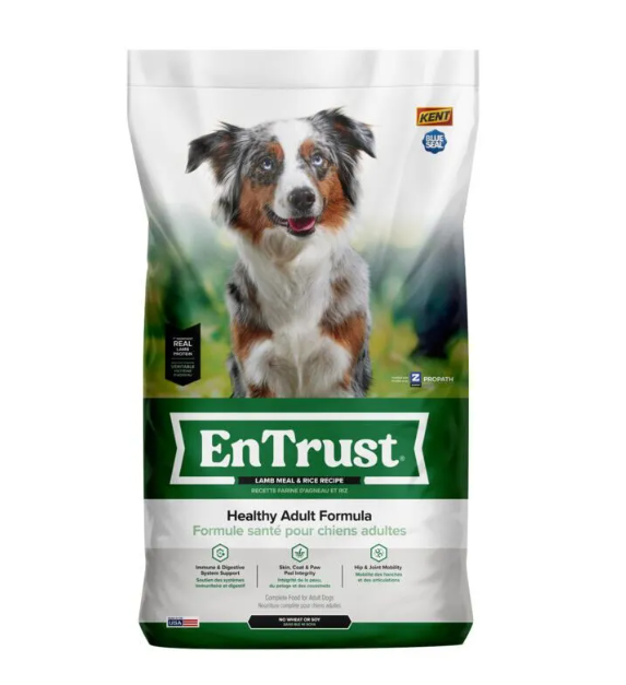 EnTrust dog food package with a dog on the label against a white background