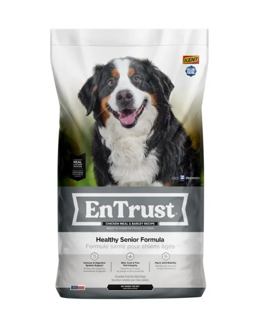 Bag of Entrust senior dog food on a white background