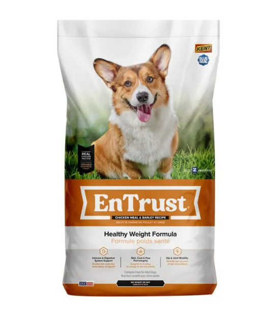 EnTrust dog food package with a dog on the label against a white background
