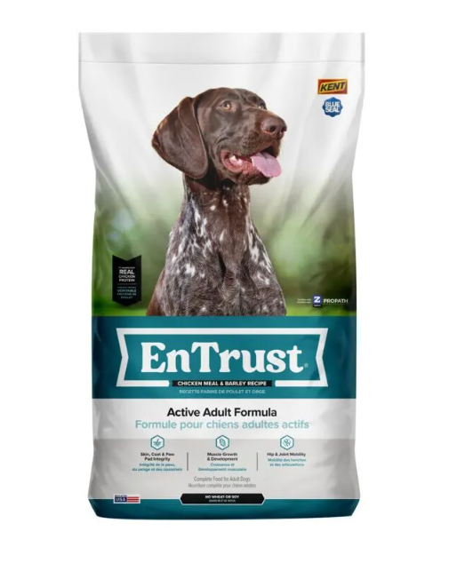 Bag of EnTrust dog food against a white background.