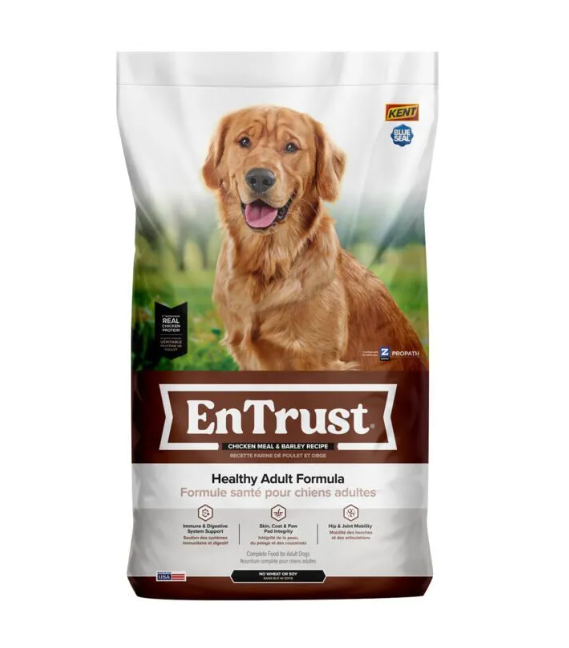 EnTrust dog food package with a dog on the label against a white background
