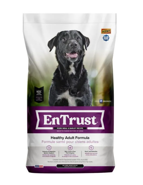 EnTrust dog food package with a black dog on a white background