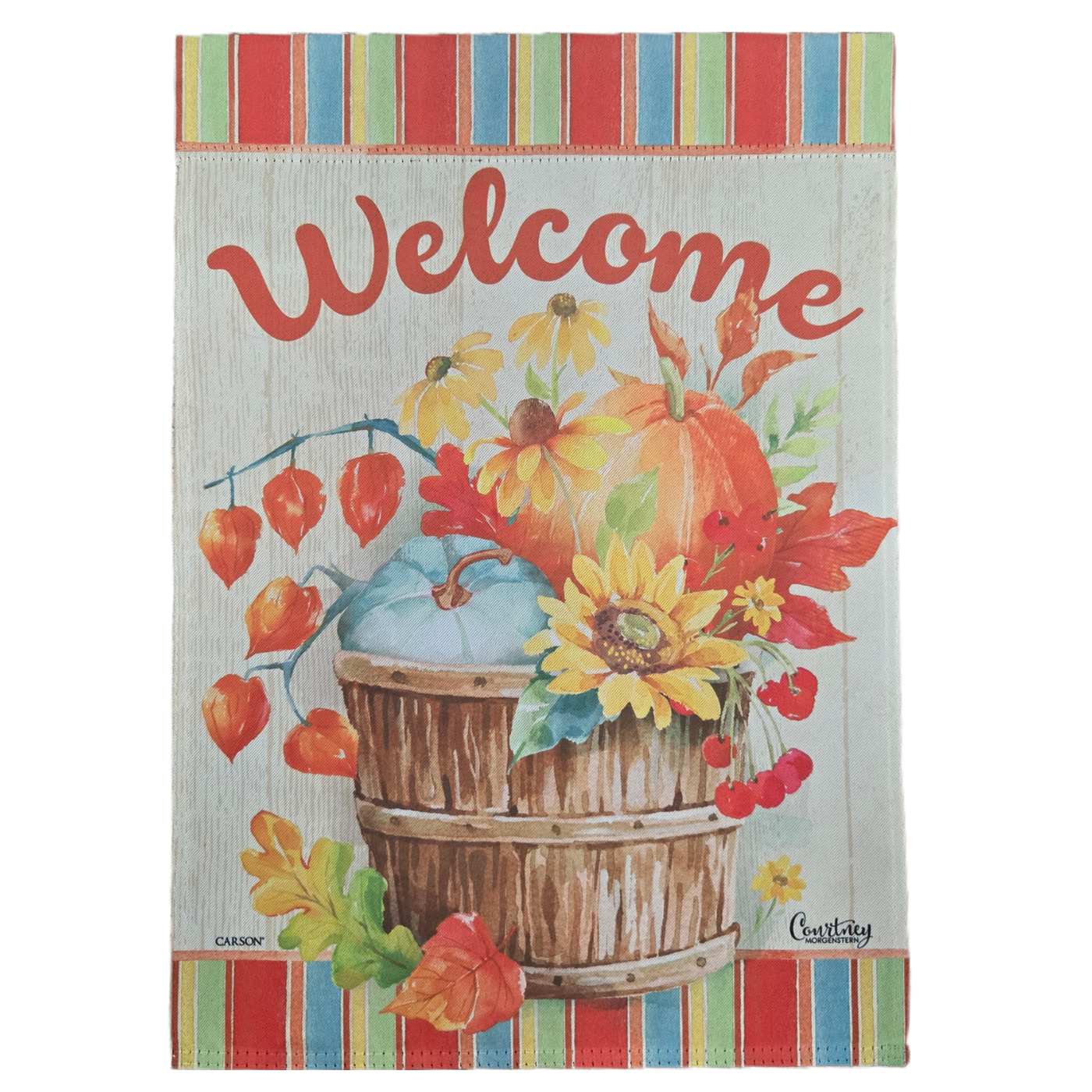Decorative garden flag with autumn-themed design featuring pumpkins, flowers, and a basket, with 'Welcome' text.