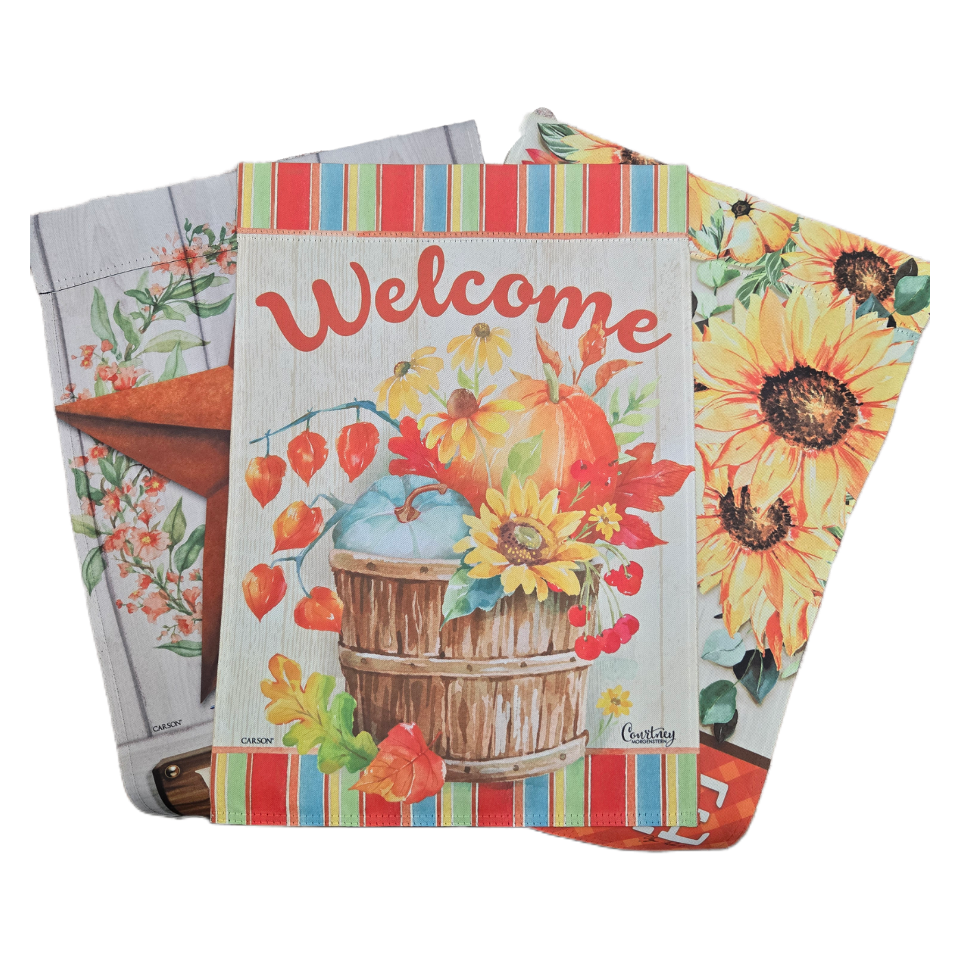 Set of colorful 'Welcome' garden flags with floral and autumn designs.