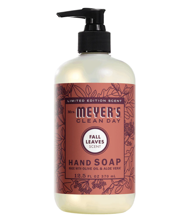 Bottle of Mrs. Meyers Fall Leaves scented liquid hand soap on a white background.