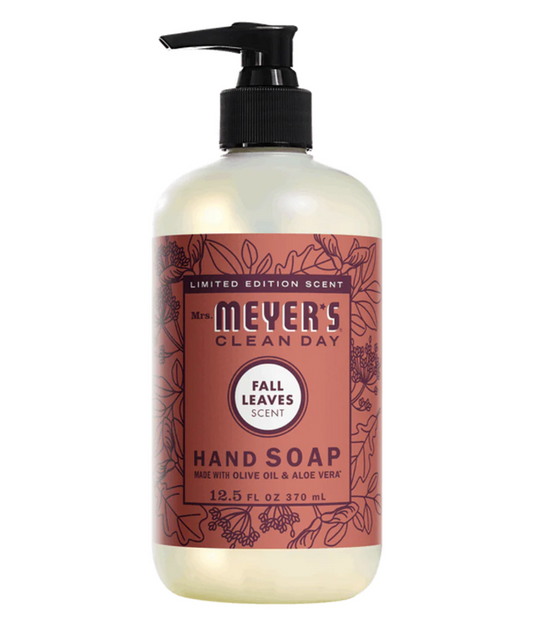 Bottle of Mrs. Meyers Fall Leaves scented liquid hand soap on a white background.