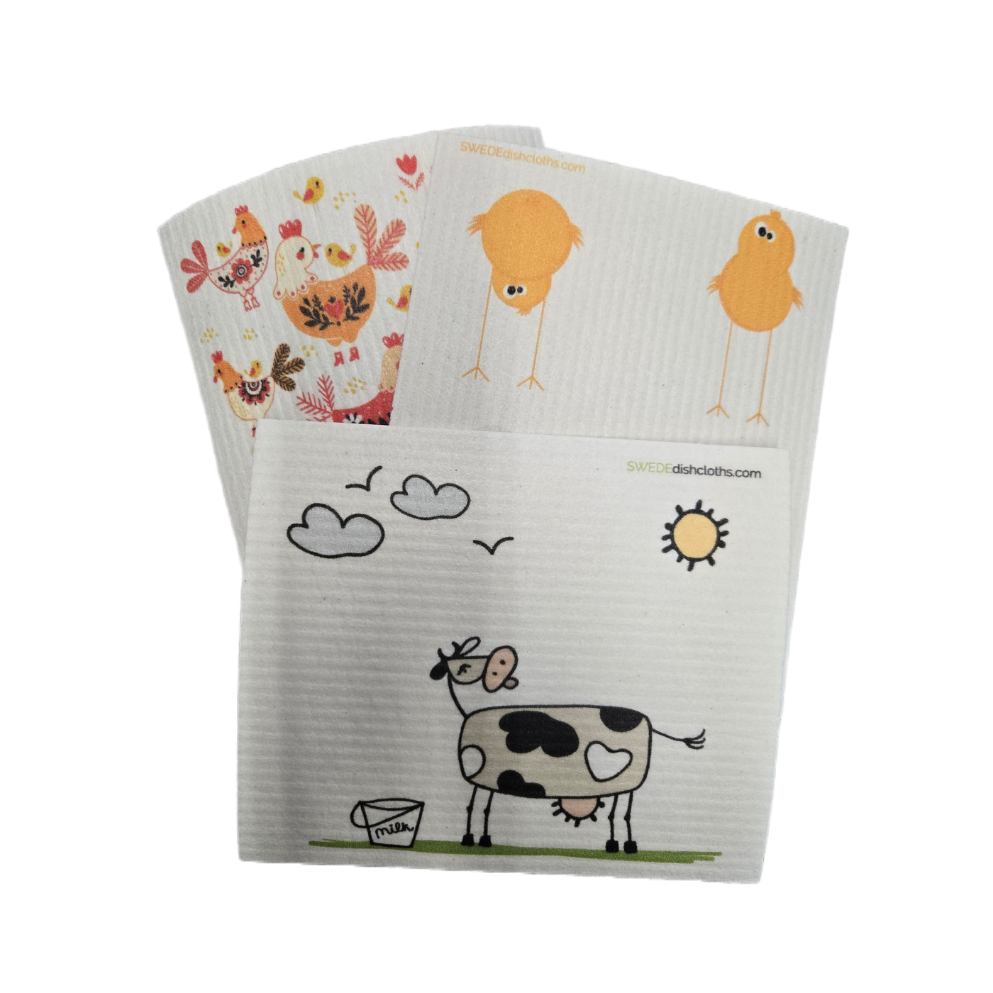 Three reusable wipes with farm animal illustrations on a white background