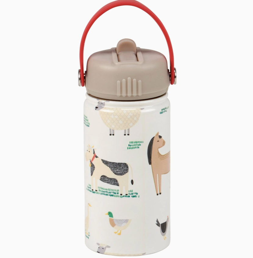 A stainless steel water bottle with a white background decorated with cute farm animal illustrations, featuring a beige lid and a red carrying handle.